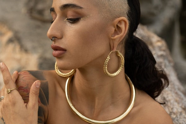 22k yellow gold plated brass earrings - ear weights - Journey on model with stretched ears