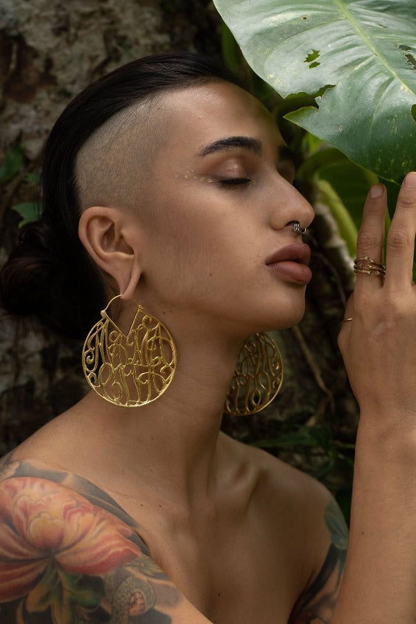 22k yellow gold plated brass earrings - ear weights - Mamacita on model with stretched ears