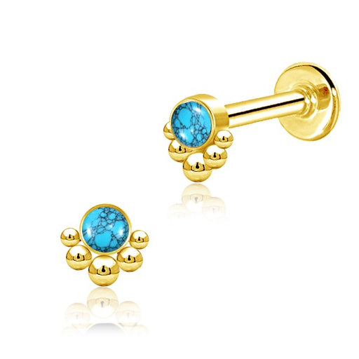Gold Plated Stainless Steel Flat Back Multi Piercing - Turquoise Crown
