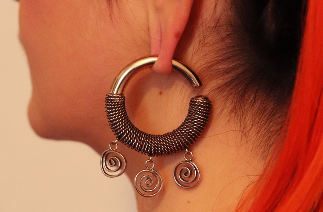 Silver Ear Weights with Drop Detail for Stretched Ear Lobes Tribalik