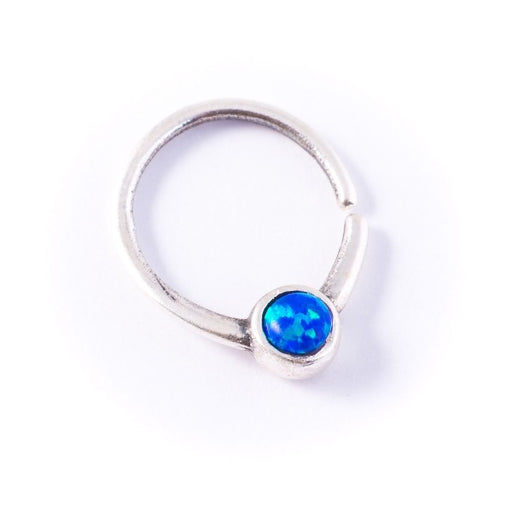 Silver Septum Ring For Pierced Nose Blue Opal Stone