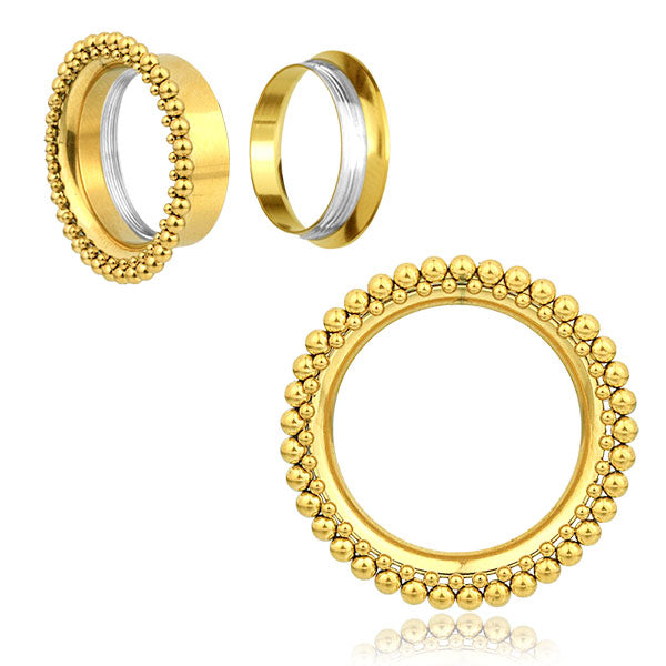 GOLD PLATED STAINLESS STEEL SILVER EAR TUNNEL - DOUBLE DOTTED HALO