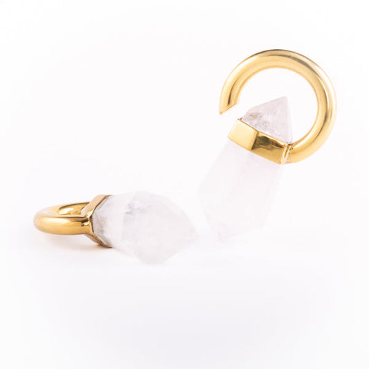 Brass ear weights with white quartz crystals