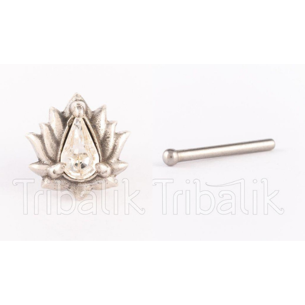 Silver Threadless Labret Lotus Flower with Crystal