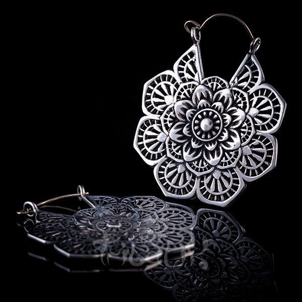 Silver Colour Hoop Earrings | Double Flower