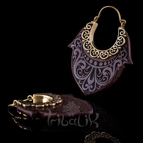 Ebony Wood Hoop Earrings | Floral Engraved