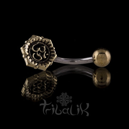 Gold Brass & Stainless Steel Ohm Flower Belly Bar