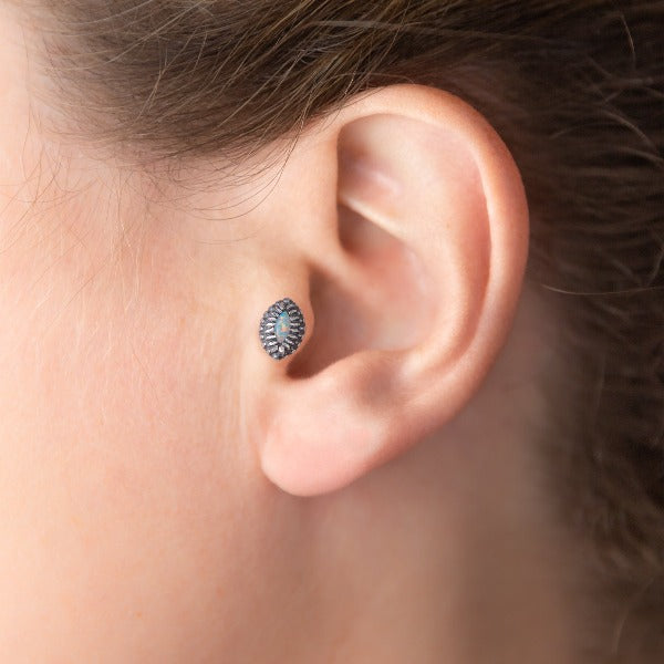 sterling silver threadless end with opalite stone on model