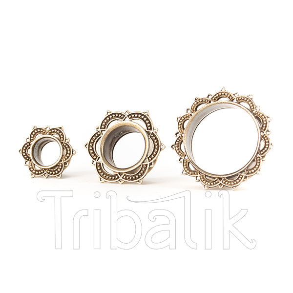 Solar Lotus Mandala White Bronze Ear Tunnels - Eyelets 4mm - 25mm