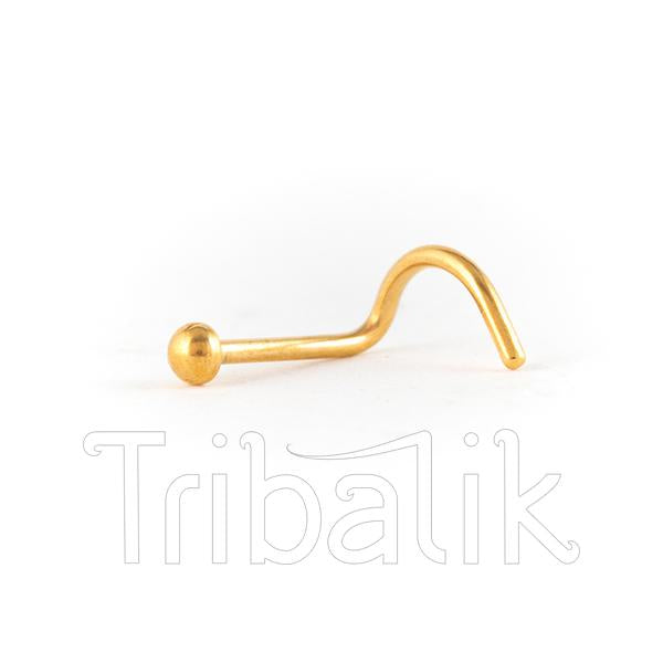 Gold Plated Stainless Steel Nose Stud, corkscrew end.