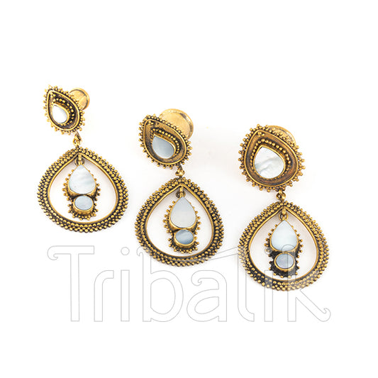 Maharani Mother Of Pearl Shell & Brass Ear Plugs with Drop Earrings